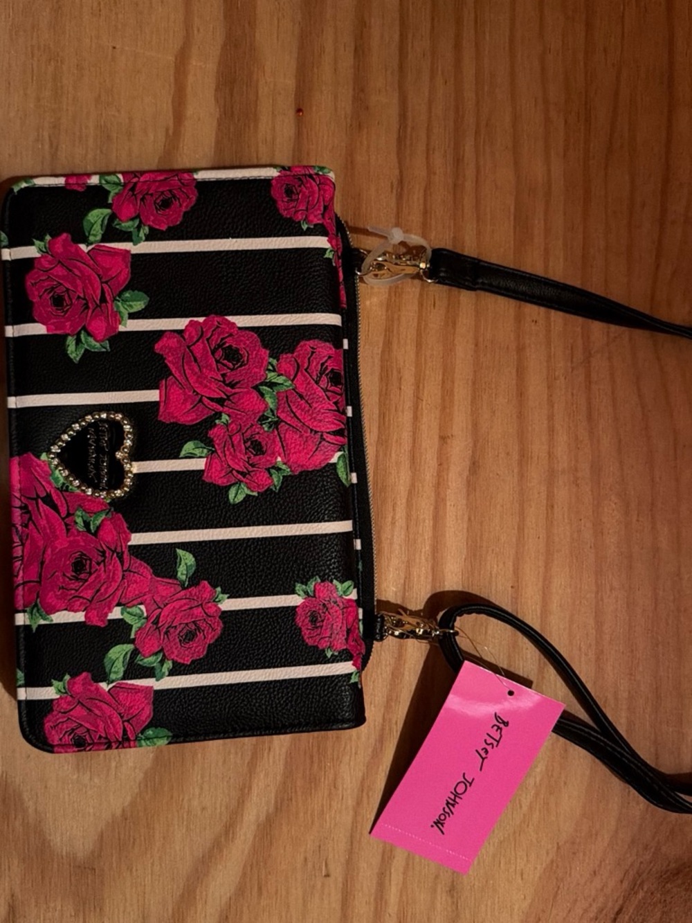Betsey Johnson Black White Stripe Wristlet with Hot Pink Rose Print